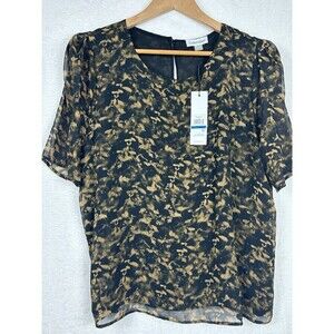 Calvin Klein NWT Women's‎ Blouse Black Gold Abstract Top Short Sleeves Career XL
